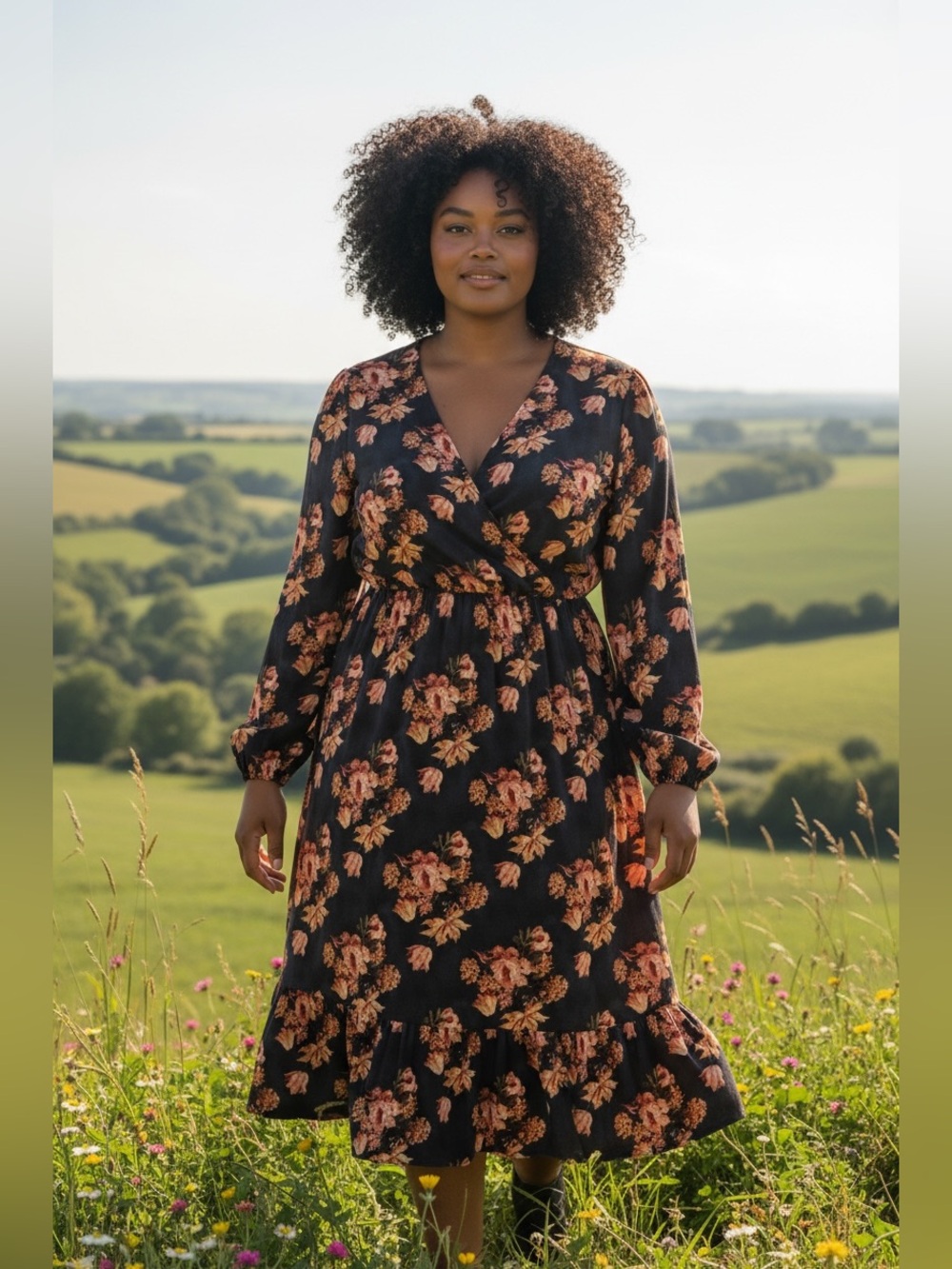 Devoted Long-Sleeve Floral Midi Dress -Size 3X-Navy background with Peachy tones